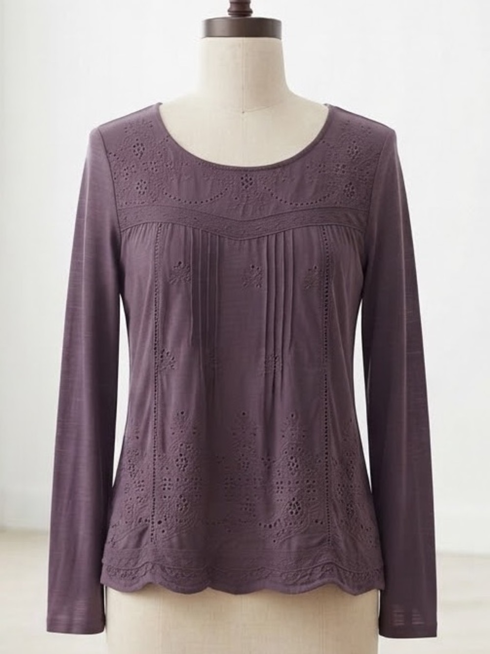 Knox Rose| Purple Bohemian Long-Sleeve Eyelet Yoke Top Blouse Sz M